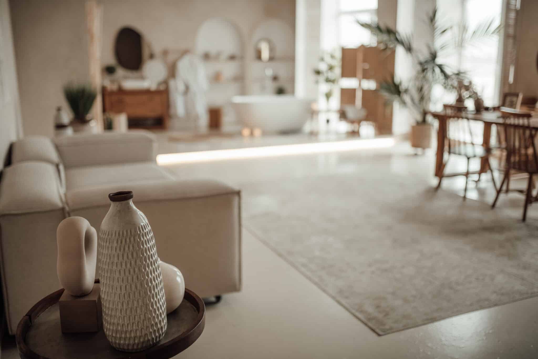 Stijlvolle woonkamer met lichte laminaatvloer in warme naturel tinten en een rustige, natuurlijke inrichting